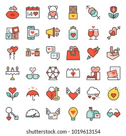valentine and romance elements, outline icon such as ferris wheel, arrow and heart, dinner, kissing mouth, chemistry of love, fire of love, wedding ring, chocolate