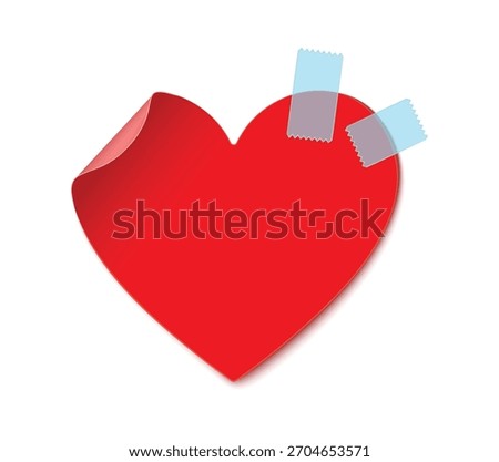 Valentine romance holiday red paper heart realistic sticker. Love day paper 3d sticker, romance heart shape adhesive vector memo note. Romantic holiday card with folded corner and blue adhesive tapes