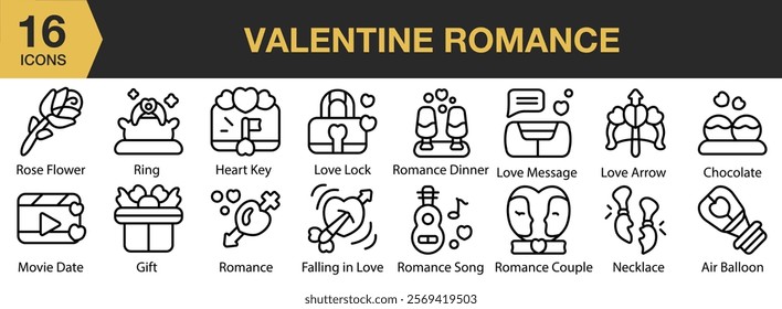 Valentine Romance icon set. Includes romance, love, romantic, heart, day, gift, and More. Outline icons vector collection.