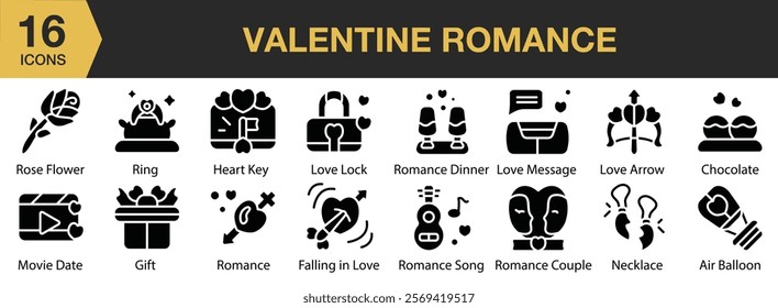 Valentine Romance solid icon set. Includes romance, love, romantic, heart, day, gift, and More. Solid icons vector collection.