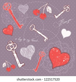 Valentine romantic card with key to heart and I love you text on polka dot background