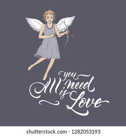 Valentine romantic color card with cupid on blue and brush lettering saing All you need is love. Great for posters, greeting cards.