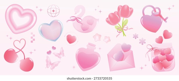 Valentine romantic element vector set with hearts, swan, gift box, envelope, ribbon and sparkle icons in soft pink palette. Lovely design for stickers, cards, invites and crafts.