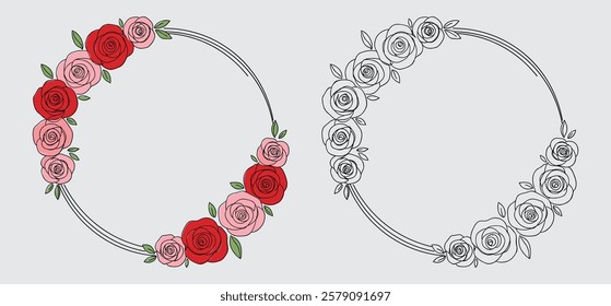 Valentine romantic holiday Rose Frame with round frame with colorful roses vector illustration 