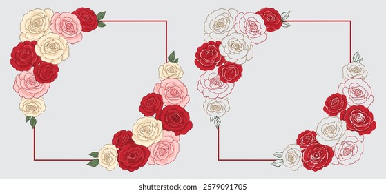 Valentine romantic holiday Rose Frame with round frame with colorful roses vector illustration 