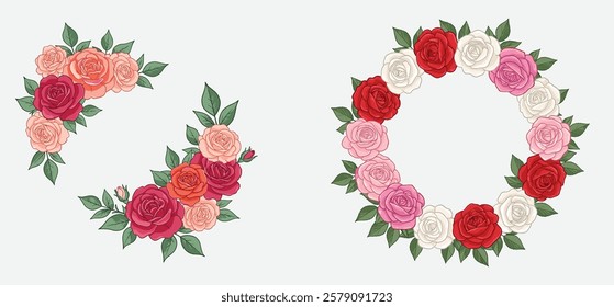 Valentine romantic holiday Rose Frame with round frame with colorful roses vector illustration 