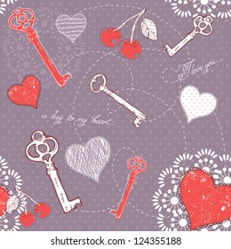 Valentine romantic love seamless pattern with key to heart and I love you text on polka dot background