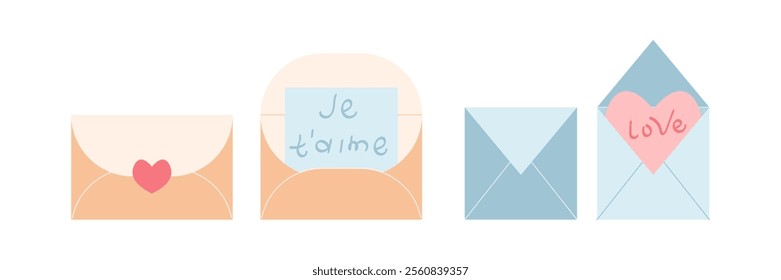 Valentine romantic messages. Open and closed envelopes. Love letters. Je t`aime means i love you.Vector illustration	