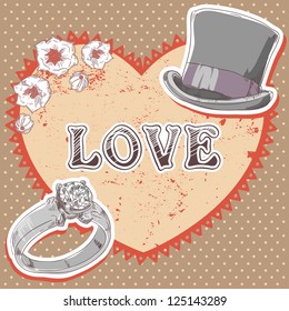 Valentine romantic retro card with top hat, wedding ring and flowers on polka dot background