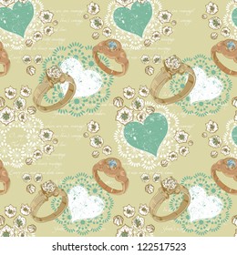 Valentine romantic retro seamless pattern with wedding rings and hearts on a verse italic text background