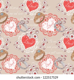 Valentine romantic retro seamless pattern with wedding rings and hearts on a verse italic text background