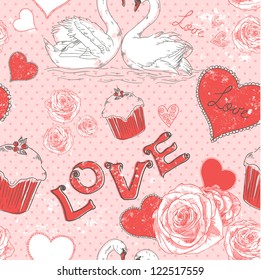 Valentine romantic retro seamless pattern with hearts and swans on a grunge background