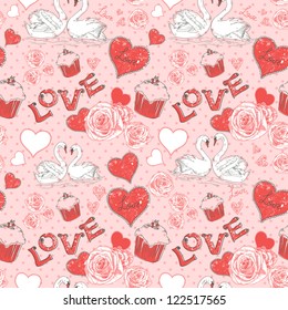 Valentine romantic retro seamless pattern with hearts and swans on a grunge background