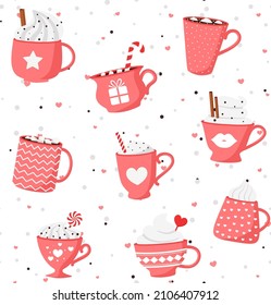 Valentine romantic seamless pattern with Collection of hot drinks with cute cups, mugs, hearts, coffee, cocoa. Eps 10