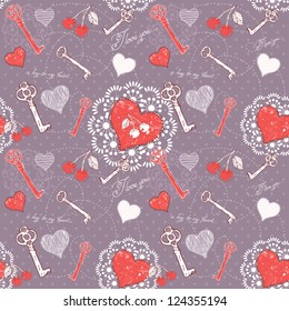 Valentine romantic seamless pattern with key to heart and I love you text on polka dot background