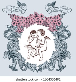 Valentine romantic vector vintage card with angels and flower frame