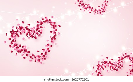 Valentine rose flower petals hearts background. Vector pink floral symbols of heart for Happy Mother's or Valentine's Day greeting card design.