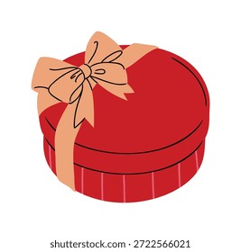 Valentine round gift box vector illustration with red cylinder shape and ribbon bow. Cute hand drawn design for packaging, stickers and greeting cards.