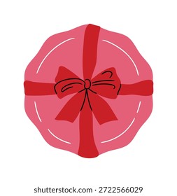 Valentine redonda ilustração vetor caixa de presente com tampa rosa e arco de fita vermelho. Design bonito desenhado à mão para embalagens, adesivos e cartões de felicitações.