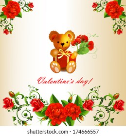  Valentine ' s card with Teddy bear and roses