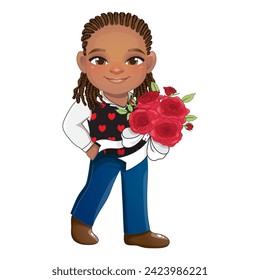 Valentine s Day with American African Boy holding Bouquet of roses cartoon character vector illustration