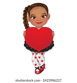 Valentine s Day with American African Girl holding Red Heart Cartoon Character Vector illustration