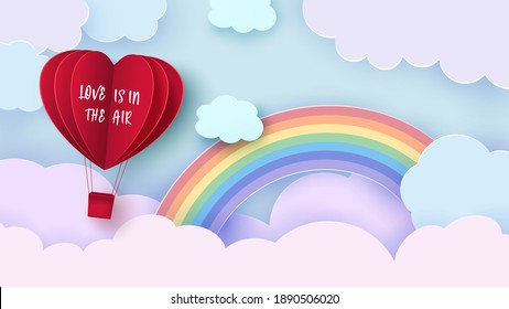 Valentine s day background with heart shaped balloon flying through the clouds. Romantic paper art in origami style. Vector illustration