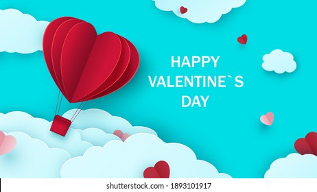 Valentine s day background with heart shaped balloon flying through the clouds. Romantic paper art in origami style. Vector illustration