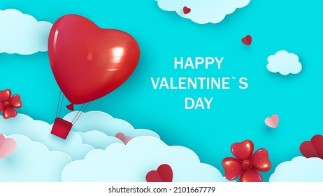 Valentine s day background with heart shaped balloon flying through the clouds. Romantic paper art in origami style. Vector illustration