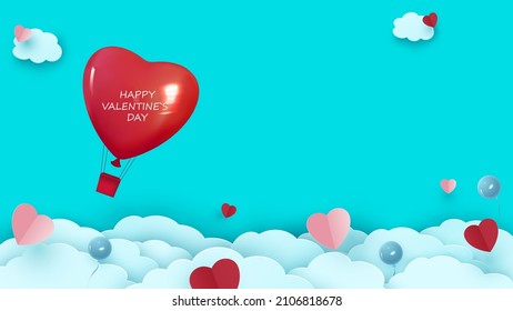 Valentine s day background with heart shaped balloon flying through the clouds. Romantic paper art in origami style. Vector illustration