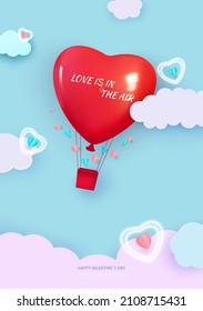 Valentine s day background with heart shaped balloon flying through the clouds. Romantic paper art in origami style. Love is in the air. Vector illustration