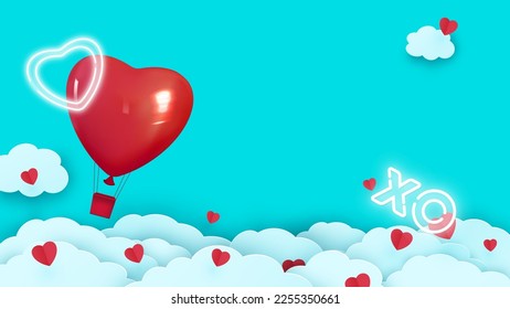 Valentine s day background with heart shaped balloon flying through the clouds. Origami style. Vector illustration