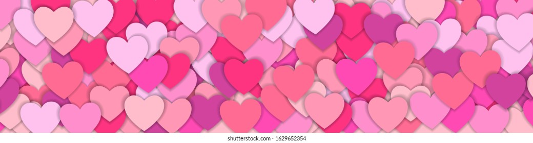 Valentine s day background with many red and pink hearts. Happy Valentine s Day. Symbol of love. Confetti hearts petals falling. Background of colorful hearts. Love concept. Vector illustration.