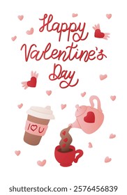 Valentine s Day banner with teapot, coffee cup with hearts, and text Happy Valentines Day in playful red font, surrounded by pink and red hearts on a white background. Vector hand drawn greeting card