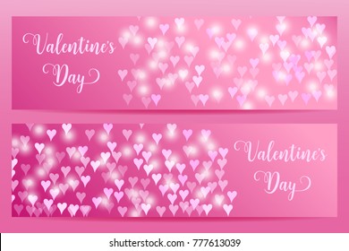 Valentine s day banners with defocused chaotic blurred hearts and lights.