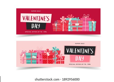 Valentine s Day banners with gifts and lettering. Vector illustration in flat style