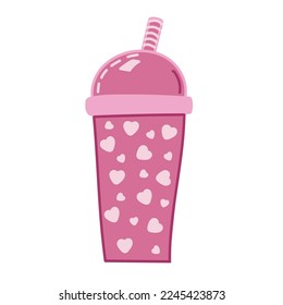 Valentine s Day Card design with Kawaii Strawberry smoothie transparent plastic cup. Isolated on white background. Vector