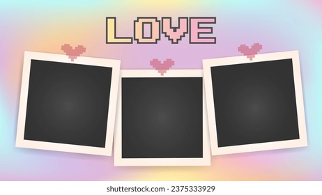 Valentine 's day card design. Blank set photo picture frames mockups, realistic postcard. Photo album template. Empty image for memory.  background. Pink yellow purple vibrant color