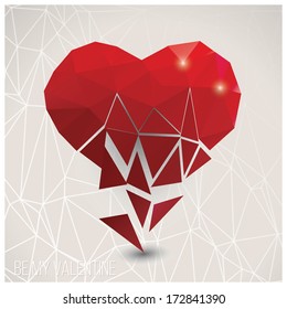 Valentine s day card, geometric triangle pattern, broken heart, label design, typography, vector illustration