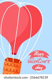 Valentine s Day card with heart-shaped hot air balloon on bright sky. For holiday greeting cards, posters, romantic messages, or social media content