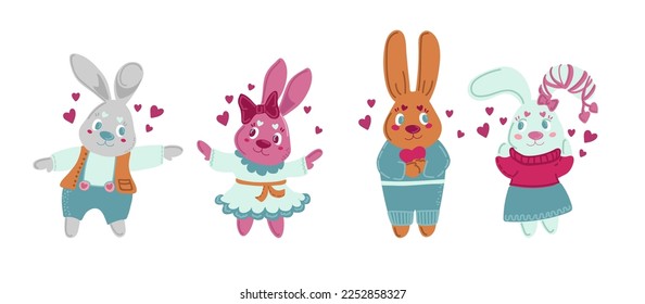 Valentine s day card with Kawaii bunny. Rabbit cartoon vector collection. Animal wildlife character. Small lovely rabbit holds love heart. Valentine s day illustration.