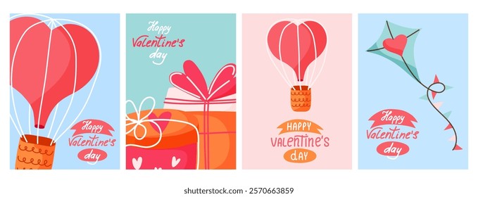 Valentine s Day card set with heart-shaped hot air balloons, gift boxes, heart-themed kite and hand written text Happy Valentine Day