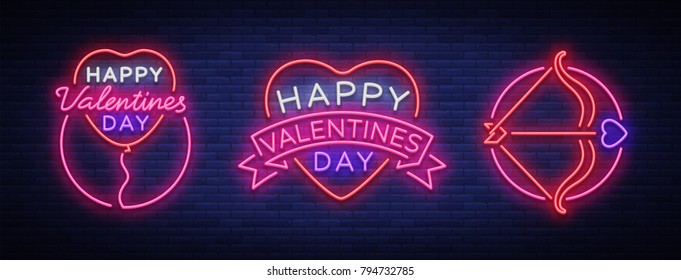 Valentine s Day is a collection of neon signs. Collection banners, neon billboards, vibrant advertising, brochures. Design template for greetings, flyer, card, invitation. Vector illustration