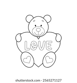 Valentine s day coloring page, teddy bear holding a heart coloring book, vector illustration