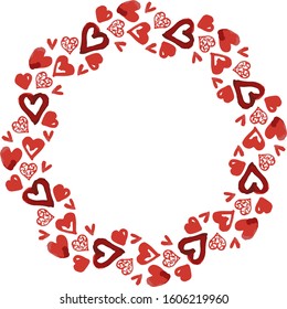 valentine s day complicated frame made of hand drawn watercolor hearts. Soft pink colors. Beautiful background for invitation, letters or design. Isolated on white background. Copy space