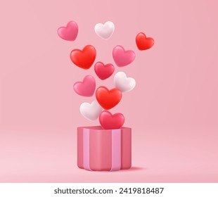 Valentine s day concept. 3D heart hot air flying from open gift box on pink background. 3d rendering. Love concept for happy mother s day, valentine s day, birthday day. Vector illustration