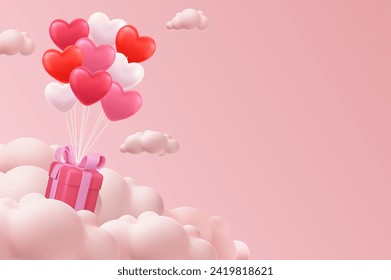 Valentine s day concept. 3D heart hot air flying with gift box on cloud background. Love concept for happy mother s day, valentine s day, birthday day. Vector illustration