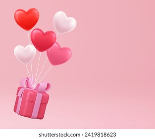 Valentine s day concept. 3D heart hot air flying with gift box on pink background. Love concept for happy mother s day, valentine s day, birthday day. Vector illustration