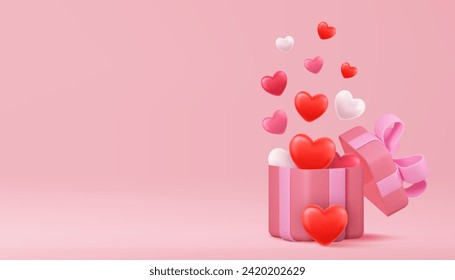 Valentine s day concept. 3D heart hot air flying from open gift box on pink background. 3d rendering. Love concept for happy mother s day, valentine s day, birthday day. Vector illustration