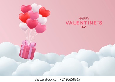 Valentine s day concept. 3D heart hot air flying with gift box on cloud background. Love concept for happy mother s day, valentine s day, birthday day. Vector illustration